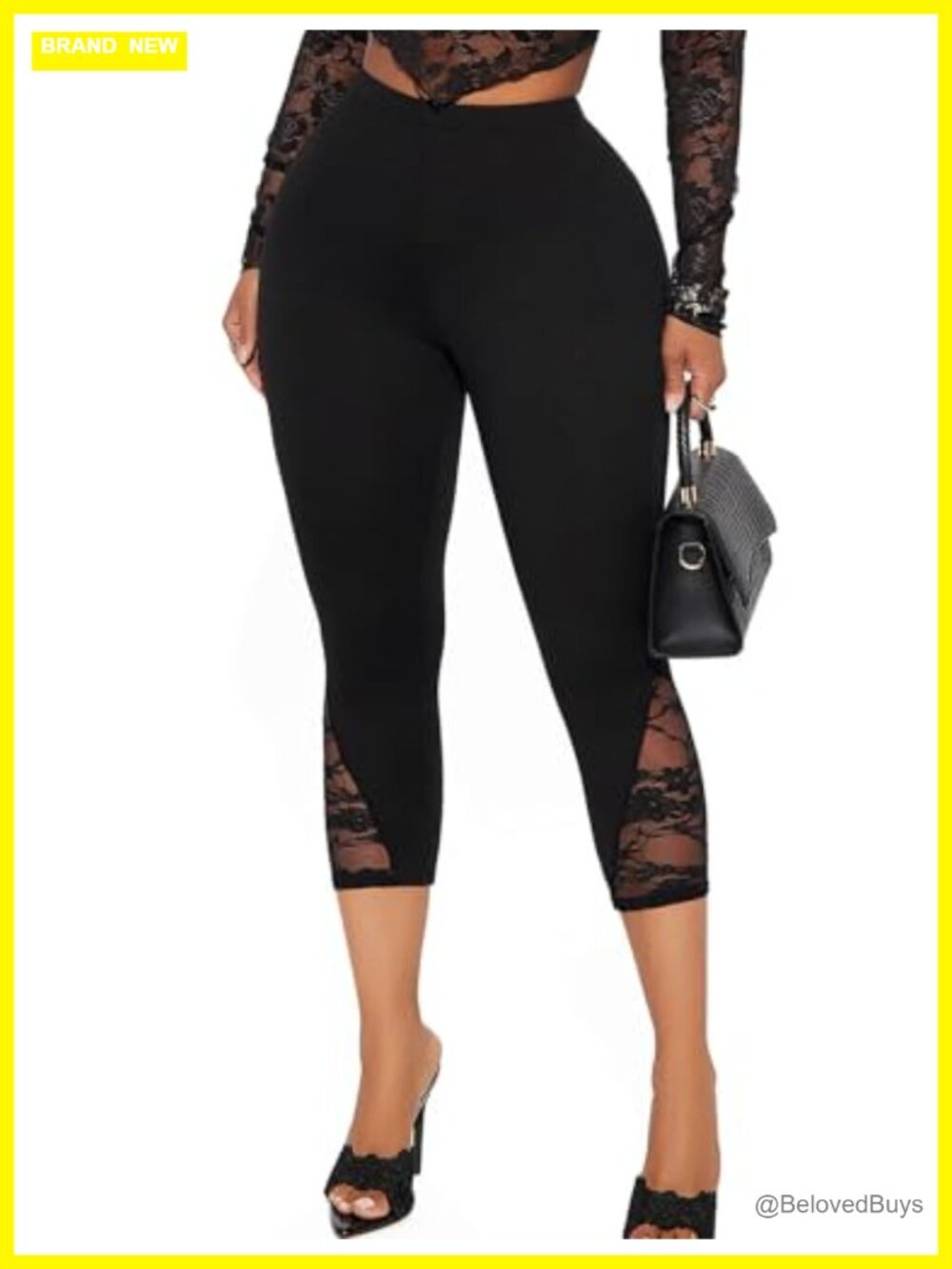 Women's Lace Capri Leggings High Rise Cropped Mesh Pants